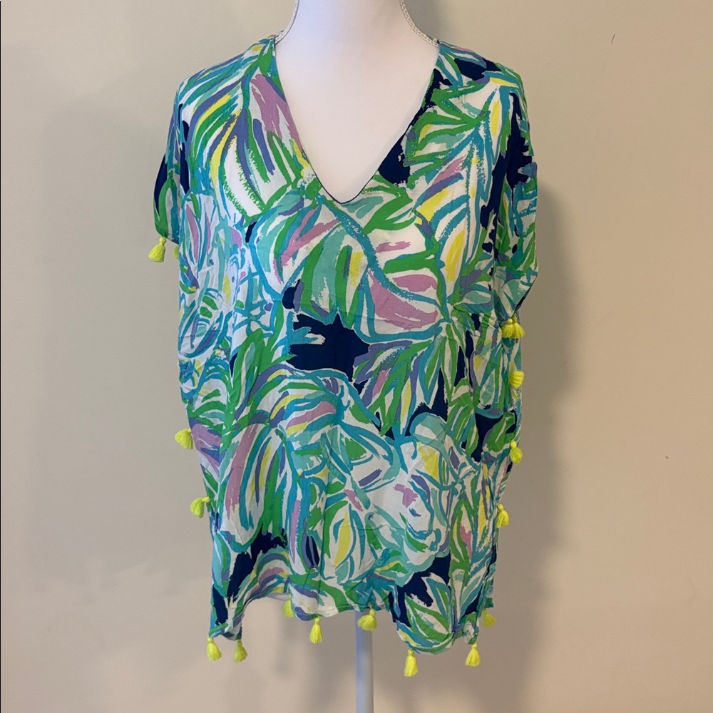 Lilly Pulitzer Tropical Print Tassel V-neck Top